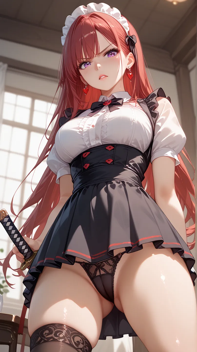 from below、 upper body, holding katana、 Alone, 1 woman、masterpiece、top quality、anime touch、 maid cafe、 glaring、 red long hair、 purple eyes、black maid outfit、 Black high heels、earrings、make-up、Red、slender、medium breasts