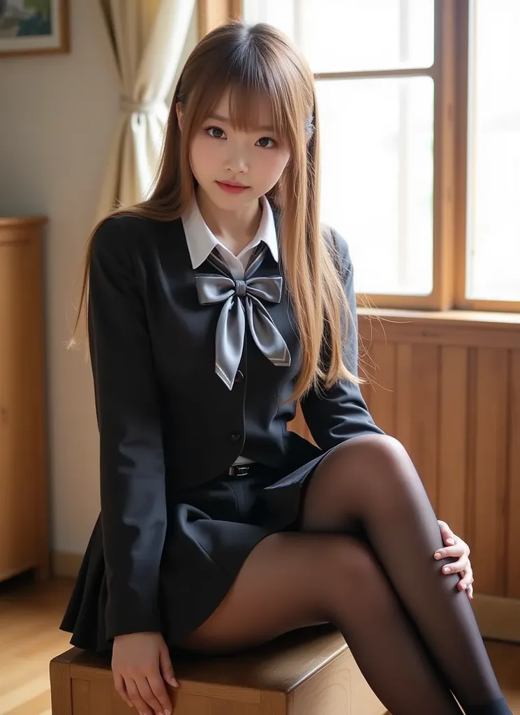 ((Thin Pantyhose)), ((Brown Loafers by Teradera), Blonde、((panties are visible)), (from below and from a skirt), Double eyelids,  eyelashes,  beautiful detail eyes、Super Detail、High Resolution、transcendental beauty, top quality、masterpiece、、( Japanese High...