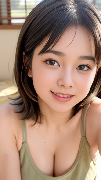 (((full body)))、(((Absolutely shoulder-length brown straight short bob)))、(((She's lying on the bed and looking at us)))、((((Thin tank top)))、(huge Laughing:1.4), (open mouth:1.1), Half Japanese and half Korean、20 year old girl、Looking forward、Light eye ma...