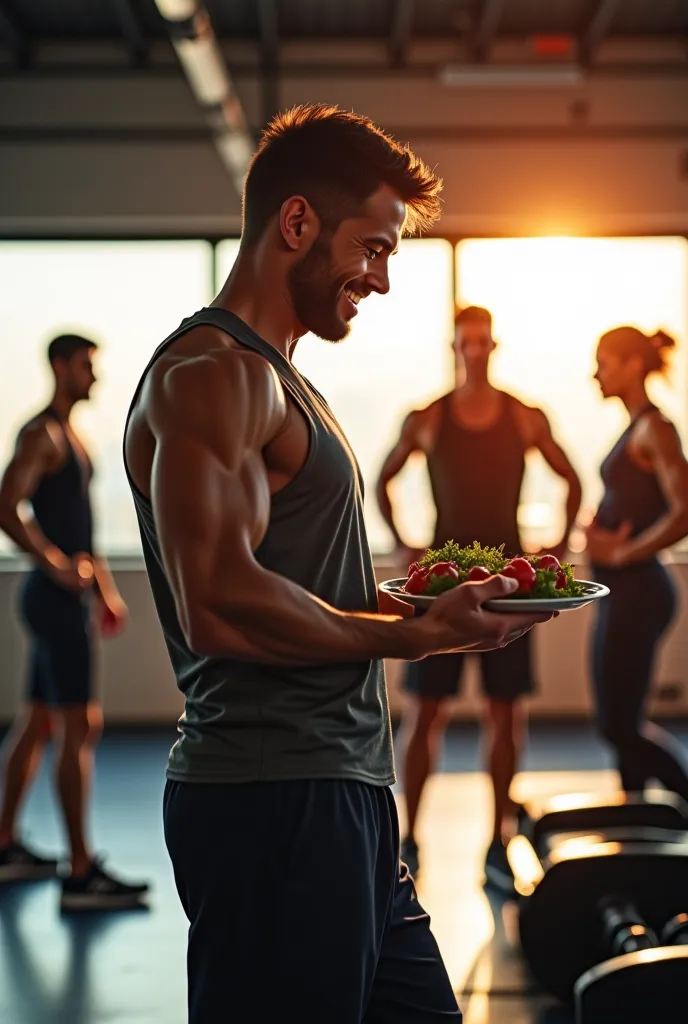 Man going to the gym smiles while watching his food and two silhouettes in front of him, A man and a woman are all in the gym and are strong