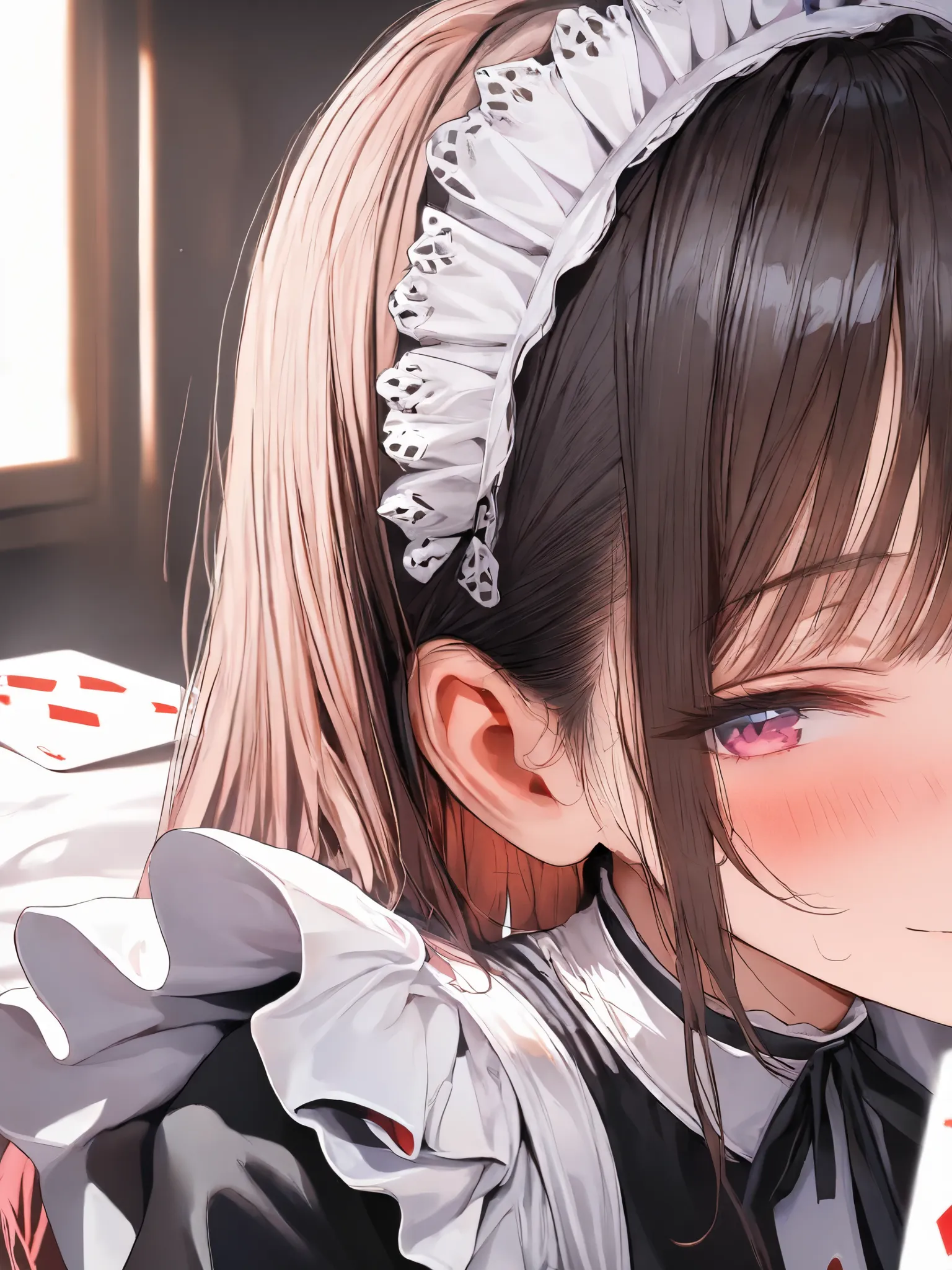 (French-maid:1.1),   cute girl, background is clock and playing cards, head band, (Ultra High Definition:1.1), (close-up:0.5) , High Resolution, NSFW,