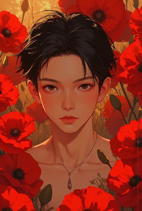 (photorealism:1.2)A hyper-realistic portrait of an incredibly handsome man embodying the allure and symbolism of poppies, exuding passion, mystery, and a dreamlike presence. His pale yet radiant skin is flawless, with lifelike texture that enhances his nat...