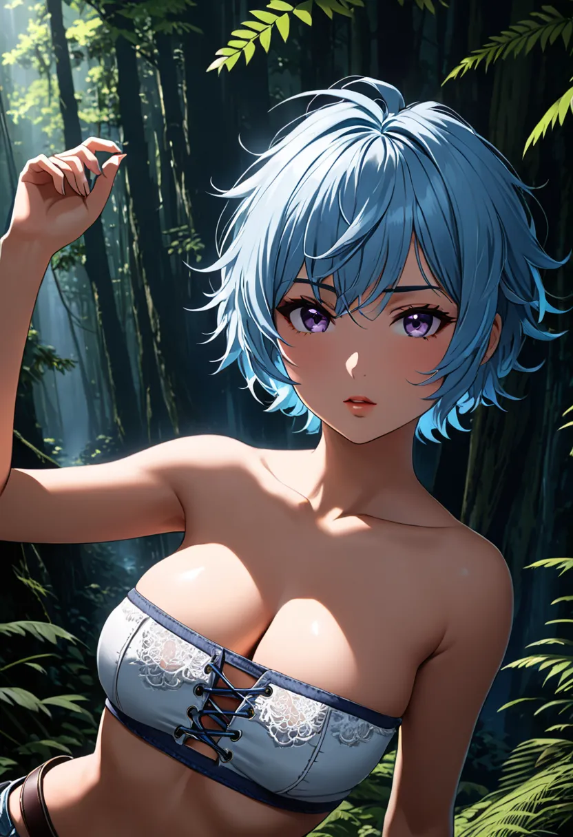 nsfw,masterpiece,best quality,insanely detailed,detailed beautiful face and eyes,1girl,solo,20yo,((pale blue hair,pixie cut,layered shaggy hair)),messy hair,pale purple eyes,tsurime,tanned skin,(huge breasts,thigh belt:1.1),collarbone,dynamic pose,dynamic ...