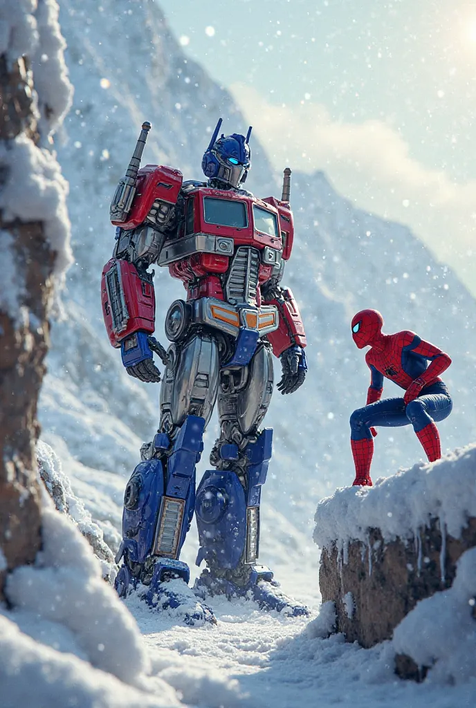 A optimus and a spiderman separate pic snowy place 