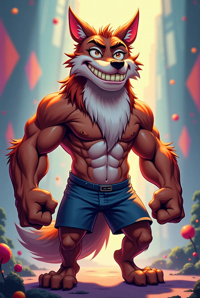 A cartoonish himbo buff anthropomorphic furry wolf