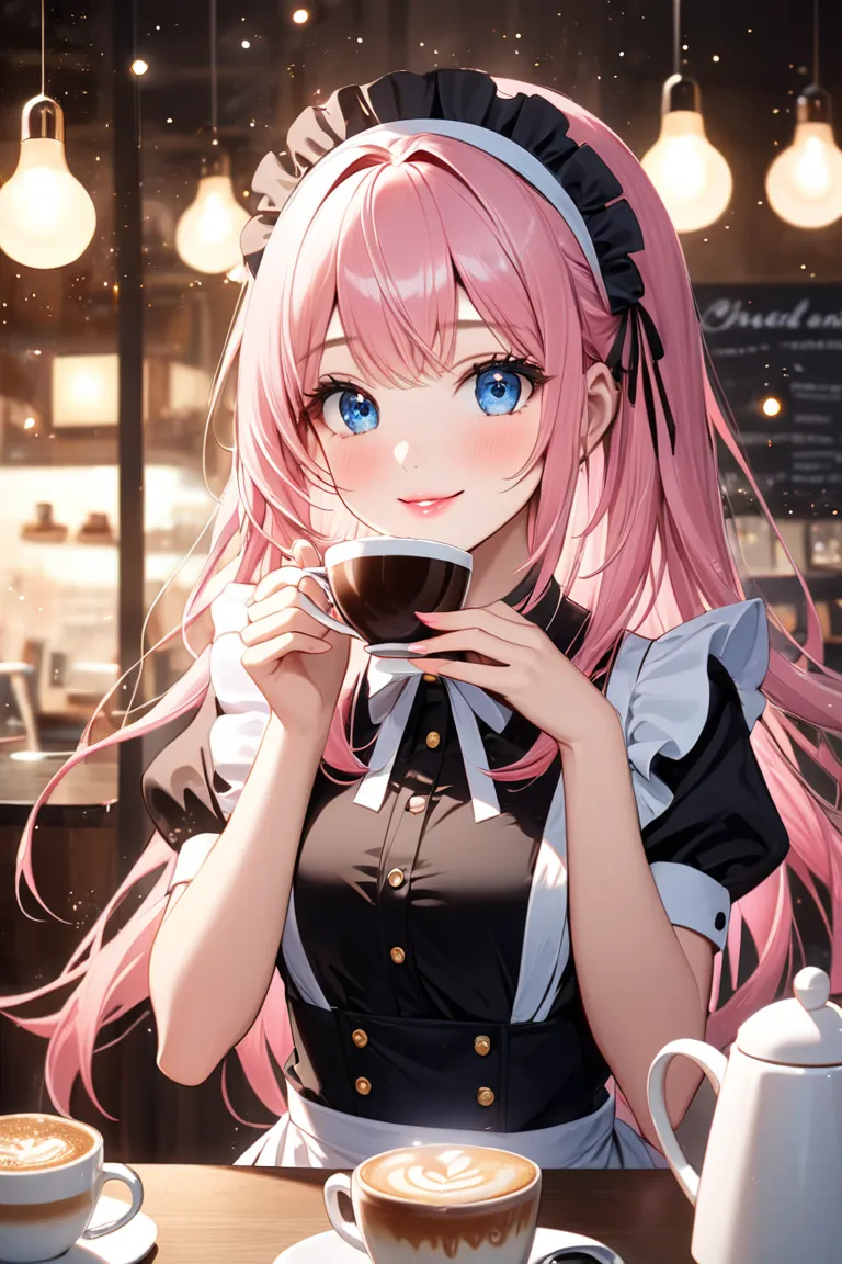 beautiful hands, (particles light:1.3), black maid uniform, cafe, coffee,
very cute and beautiful girl, (Pink hair:1.2), blue eyes, long hair, beautiful lips, smile,