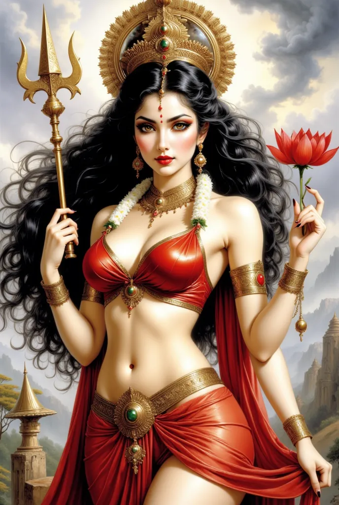 "A Hindu durga Goddess with long black hair on her shoulders. Her black eyes are attractive and looking at you. The body of the Goddess is curvy and attractive. She has a big golden crown on her head which shows her divinity. She is wearing a white floral ...