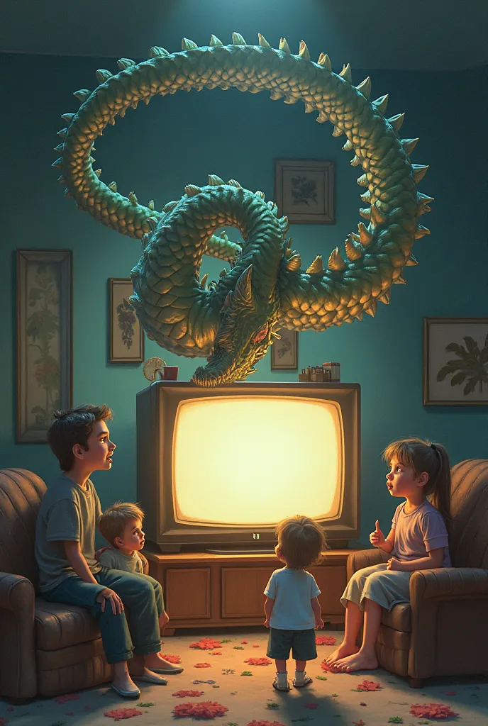 Desging for a television's poster. Where family members watching Dragon's scene on tv and dragon's tails comes out from tv to drawing room. And everyone getting surprise