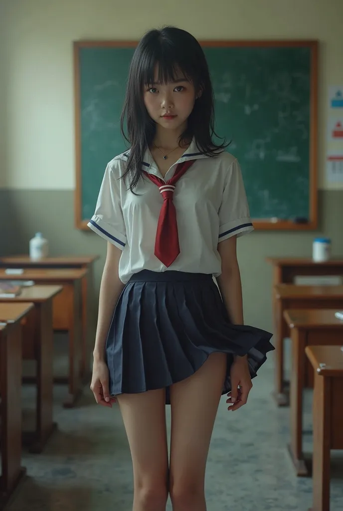 Schoolgirl in underwear in classroom where her skirt is bare