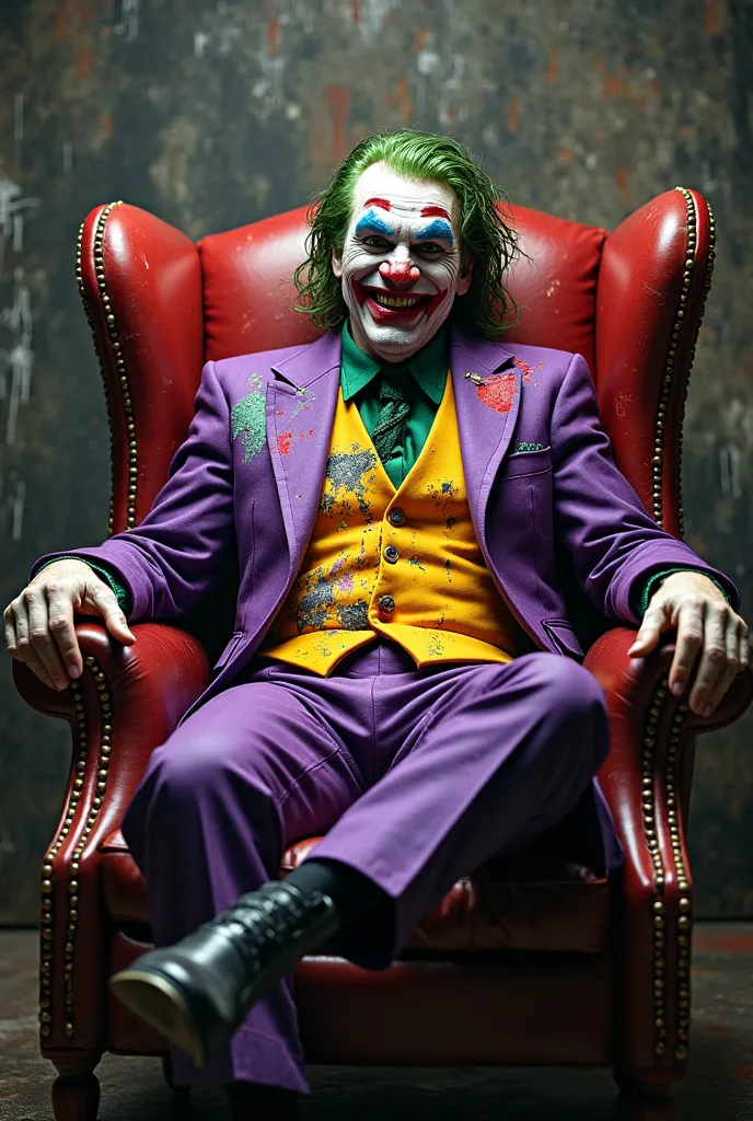 JOKER dark knight sitting on his armchair laughing like crazy, dressed in the Batman dark knight costume, The Batman costume broken and badly painted with graffiti with purple paint, green and red graffiti shield. Style Alex Ross 