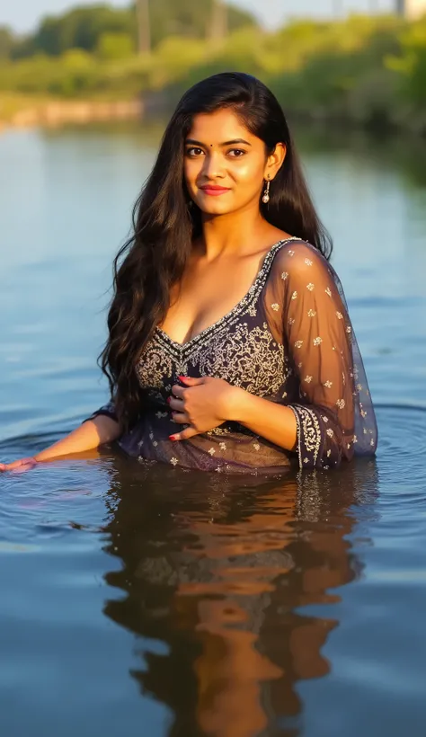 Copy of a woman with big breasts wearing a white transparent blouse ,wearing saree , downblouse creating cleavage , in water , bathing in the river ,extremely detailed face , beautiful detailed eyes , beautiful detailed lips , extremely detailed skin textu...