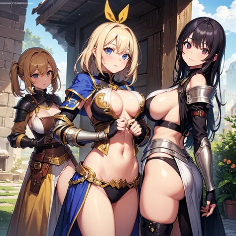 sideboob, underboob, safe, High quality, super detailed, best quality, highly detailed, beautiful, masterpiece, vibrant colors, shiny skin, perfect anatomy, female group, harem, knights, armor, medieval, fantasy, pouches, big boobs, 