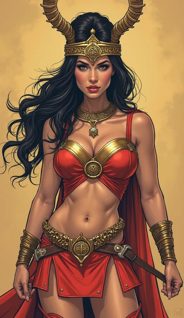 Very beautiful Punic woman as superhero wearing minidress and punic crown and bracelet,boots and belt. No cape. In the style of Comic books 