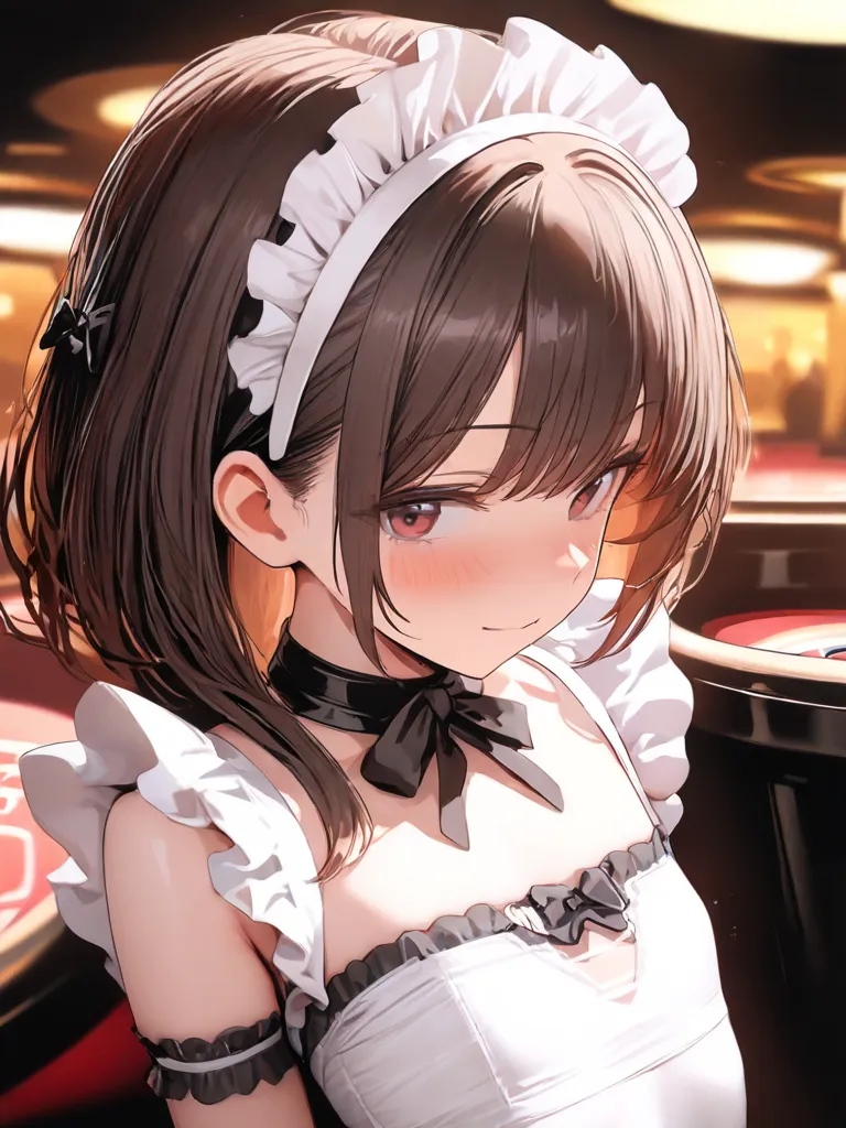 (French-maid:1.3),   cute girl, at casino, head band, (Ultra High Definition:1.1), (close-up:0.3) , (High Resolution), (NSFW:0.8), flat chest,