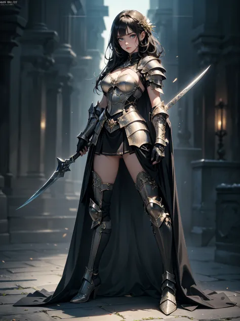 (((masterpiece, best quality, 8k))) Game Character Layout Showcase, (1 girl who died),((perfect face, detailed face of a person)). black+Gold clothing, Luxurious and dark, ((Show off your weapons:1.4)), , (masterpiece:1.2), (best quality), 4K, super detail...