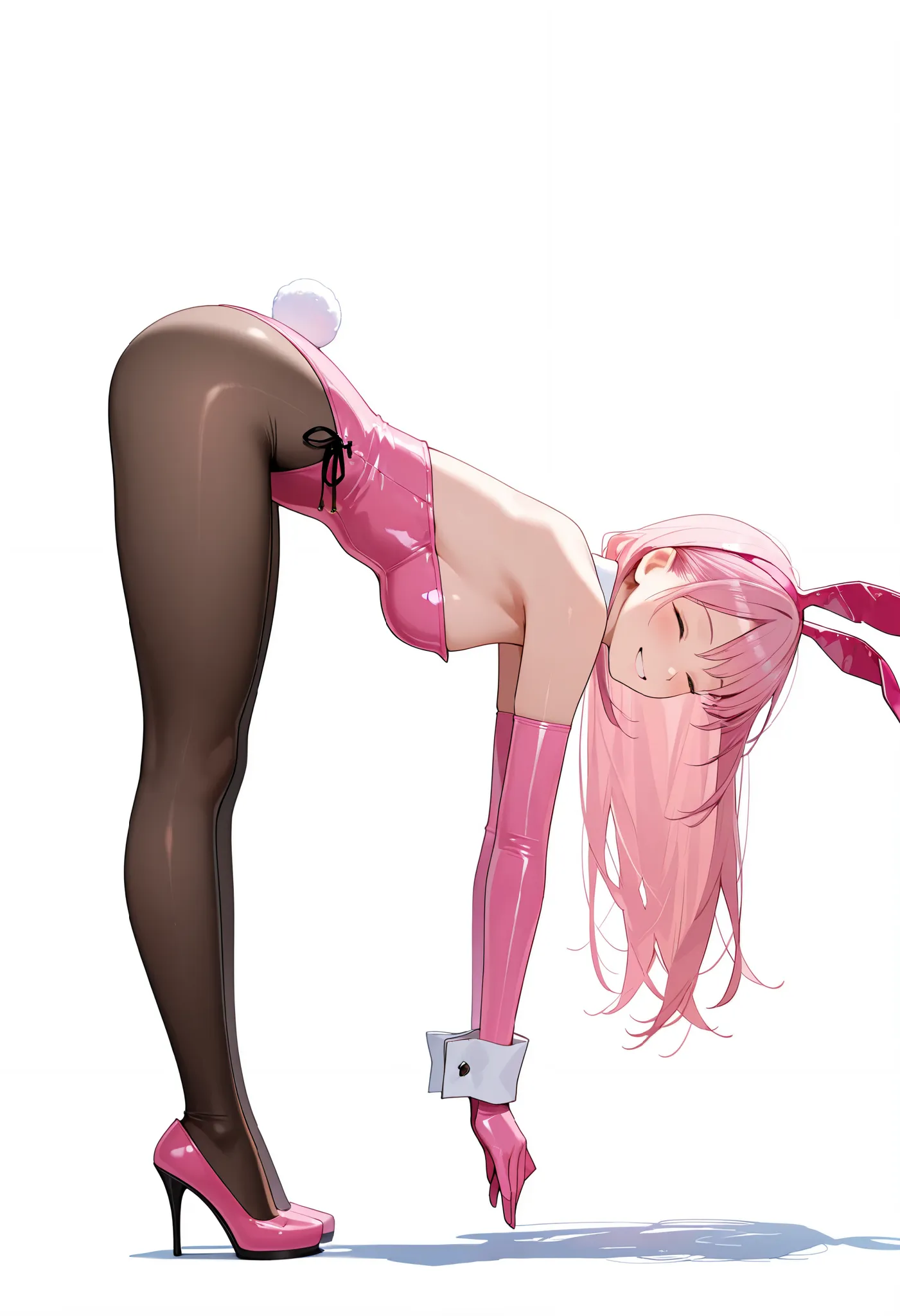 closed eyes,gym sitting、human bridge pose, from the side、black tights、black tights、bunny girl,super realistic,high quality,Detailed,4K rendering,,Smiling face,rabbit in a bodysuit,I'm wearing a pink enamel luster bodysuit、latex、 pink long hair,Attractive P...