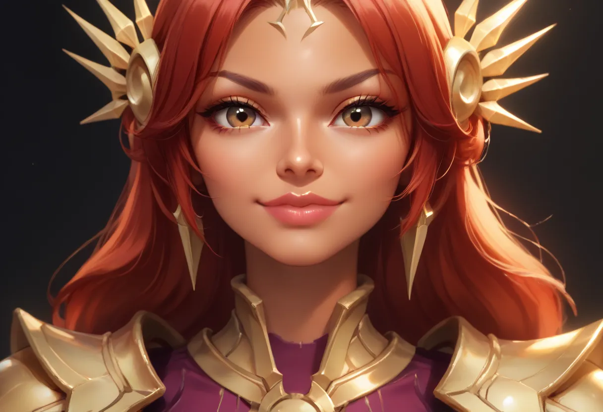  full face, makeup, big lips, leona, warm smile, black background, brown eyes, tanned, red hair, armor, close up, looking down