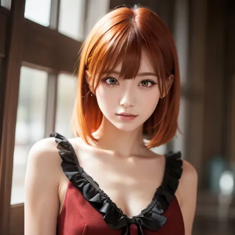 ( embarrassing), Red Hair,  orange hair, WeriArt style,  1 girl, ,  upper body, Highly detailed eyes, employment, clavicle, ruffle dress,  