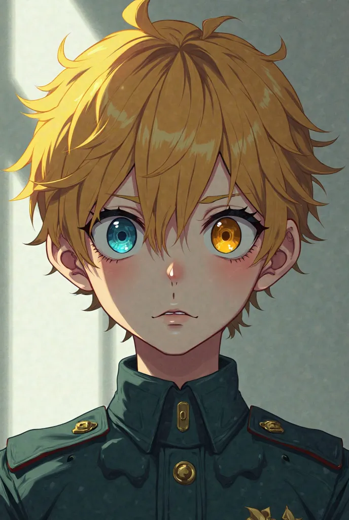  Anime boy, blond hair, sky eye and another yellow eye. Military shirt. 
Psychopath mode