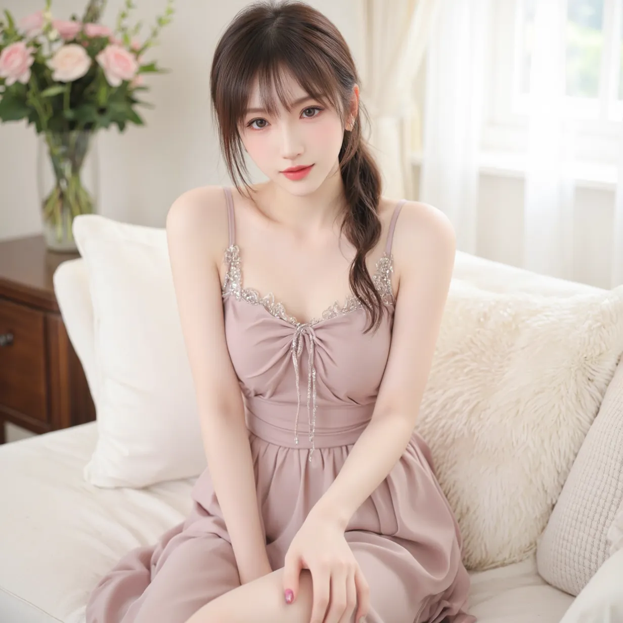 Woman in a dress、Elegant, beautiful expression 、Delicate features、Graceful posture、Indoor Scene Illuminated by Natural Light、Quiet Room with Spring Sunlight、Bokeh Background、Delicate Skin Texture、Feminine Soft Curves、4K High Resolution,realistic,Vivid Colo...