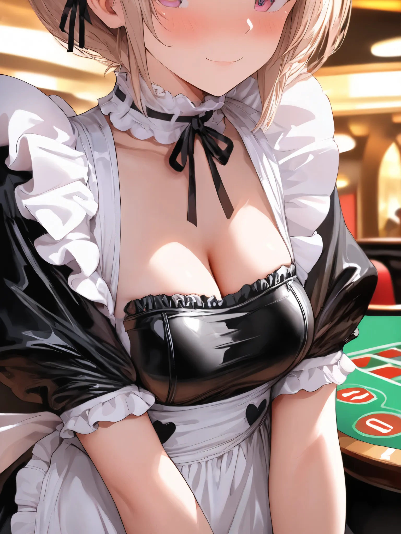 (French-maid:1.3),   cute girl, at casino, head band, (Ultra High Definition:1.1), (close-up:0.3) , (High Resolution:1.1), (NSFW:0.8),  middle BREASTS,