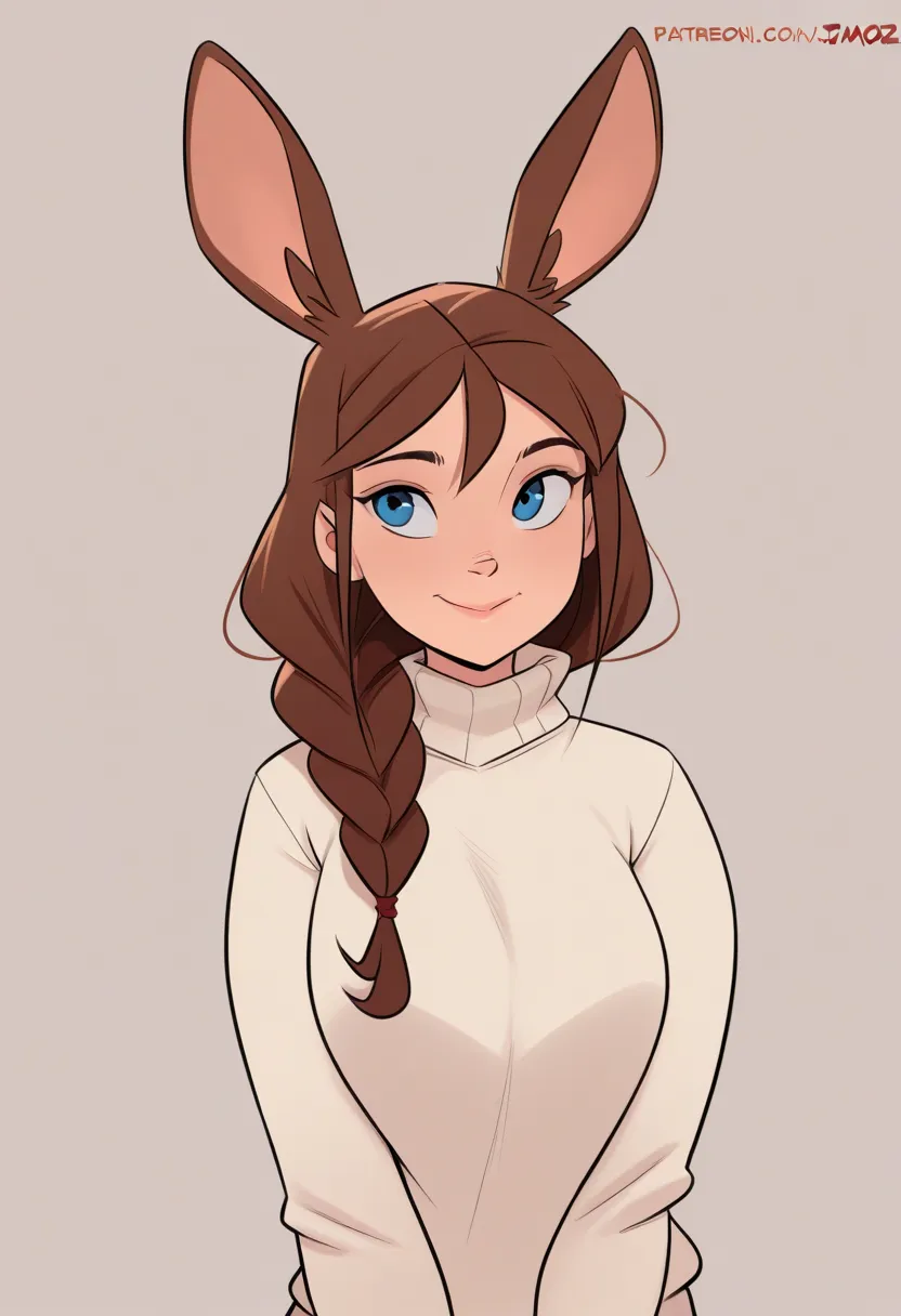 masterpiece lenses, best quality,
 J0t4m0z , 1girl, Alone, Anime girl with two-braided hair brown hair, blue eyes, brown rabbit ears. Y white sweater. simple drawing. With both fists m. cloud. Happy Front Profile Illustration 