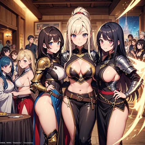 sideboob, underboob, safe, High quality, super detailed, best quality, highly detailed, beautiful, masterpiece, vibrant colors, shiny skin, perfect anatomy, female group, harem, knights, armor, medieval, fantasy, pouches, big boobs, 