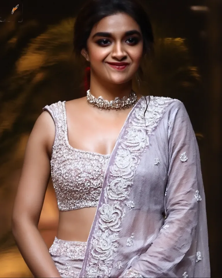 Top view,Full body image, indian hourglass body, Indian plus sized 29 year old Telugu bride keerth, lovely face, mouth wide open, wearing highly embroideried light blue colour silk deep neck blouse and lavender colour low waist silk body fit designer saree...