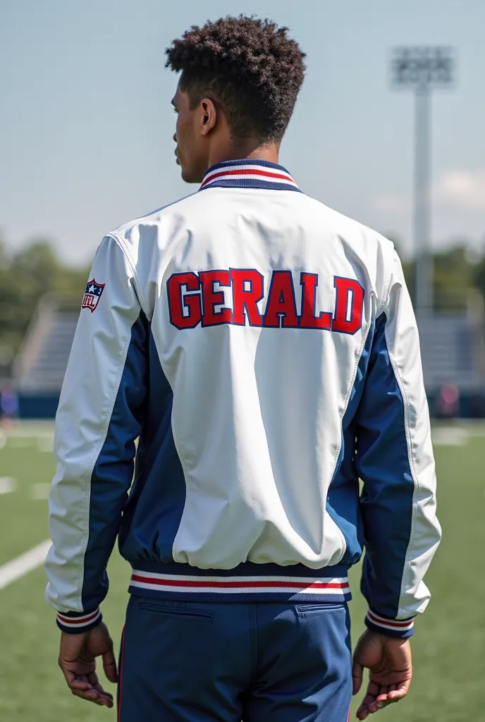 I need the design of an American football style jacket for generation 64 in my school, with the colors white,  blue and red , That I put Gerald in the part of the player's name