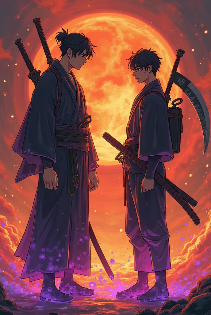 Animate a man with magma fists in style and swallow Japanese people with a mini katana on his back looking at a man in front of him with legs covered in purple liquid and a scythe on his back and Japanese swag,  both of the same height 