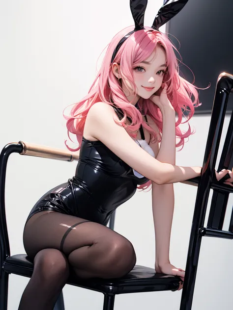  sitting in the gym 、Side view、 black tights in the room、 black tights in the room、Bunny girl,  very realistic  ,high quality,detailed,4K rendering,,smiling face,Rabbit in a bodice suit,I'm wearing a pink enamel glossy bodice suit、latex、 Long pink hair, at...