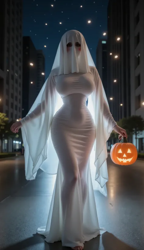 Woman dressed as a ghost, In one hand he carries a pumpkin, background of a city at night, Some fireflies,  VERY REALISTIC, Cinematic, professional photographer