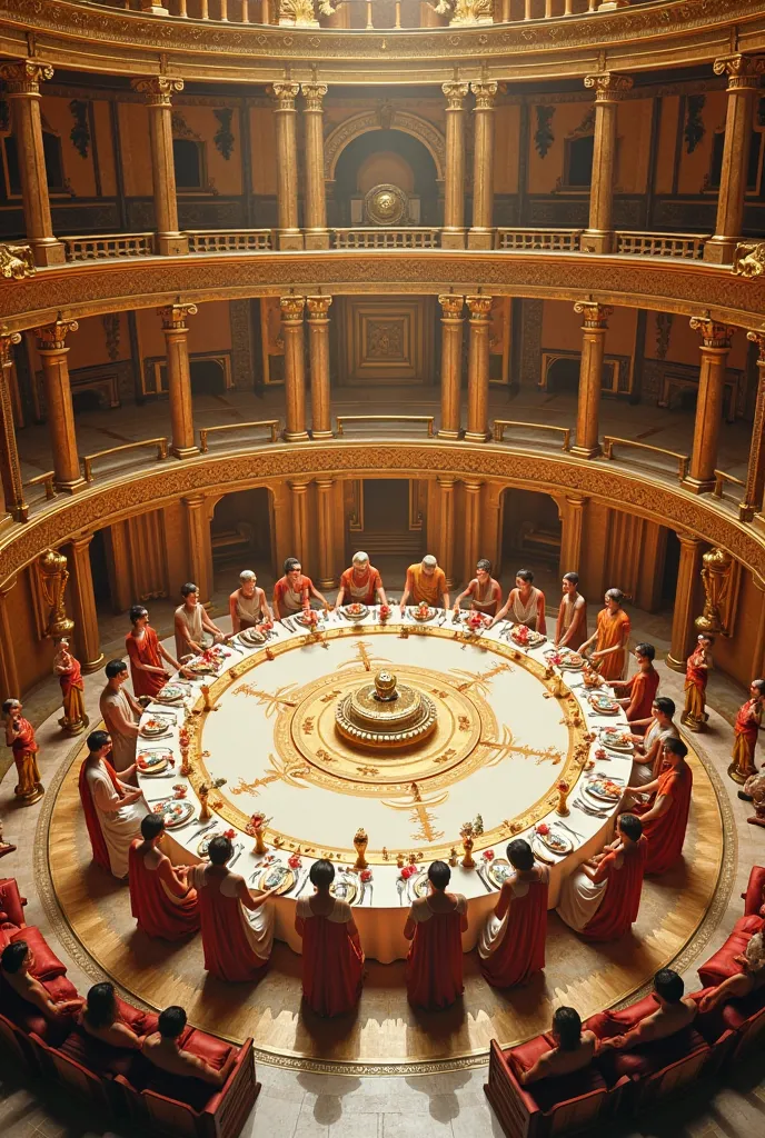 [MAIN SUBJECT]: Opulent rotating dining room (coenatio rotunda) in the Domus Aurea of the infamous fifth Roman Emperor
[HISTORICAL/CULTURAL CONTEXT]: Ancient Rome, 1st century CE, peak of Roman luxury during the reign of the Emperor who rebuilt Rome after ...