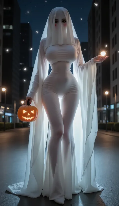 Woman dressed as a ghost, In one hand he carries a pumpkin, background of a city at night, Some fireflies,  VERY REALISTIC, Cinematic, professional photographer