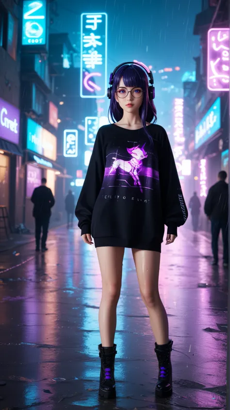 Raiden Shogun from Genshin Impact wearing an oversized black sweater, round glasses, and large futuristic black headphones. Her long, silky purple hair flows down her shoulders, illuminated by the neon glow of the cyberpunk city. She wears black ankle boot...