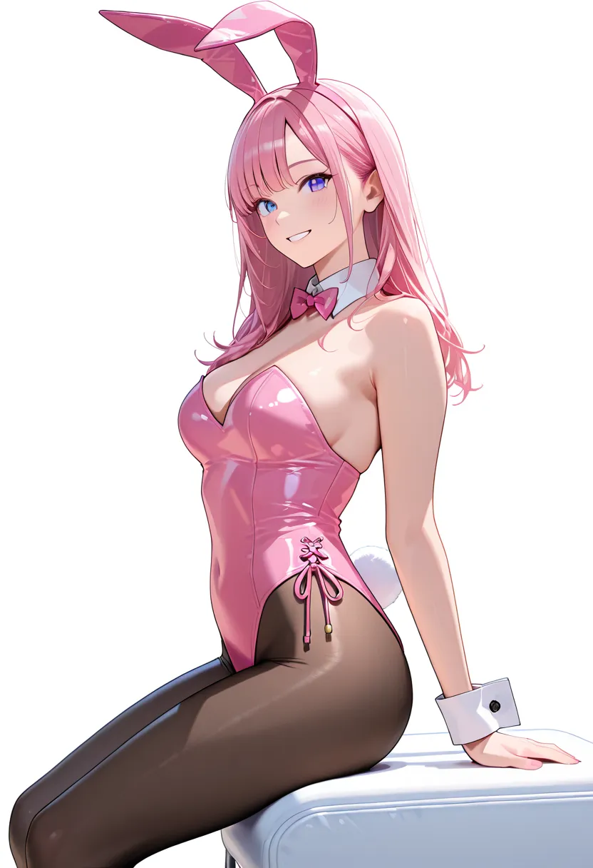 gym sitting：1.8，Kamigami, from the side、black tights、black tights、bunny girl,super realistic,high quality,Detailed,4K rendering,,Smiling face,rabbit in a bodysuit,I'm wearing a pink enamel luster bodysuit、latex、blue👀、 pink long hair,,white background,soft ...