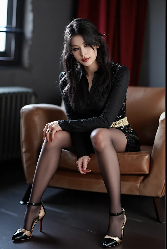 A woman, black hair, dress, stockings, heels, sitting on a chair, seductive smile