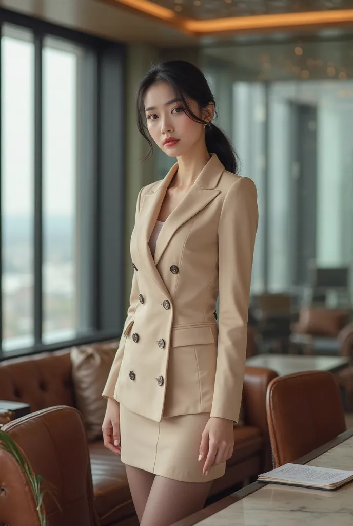 Theme Description：Asian woman who looks like Li Bingbing，Wear a beige slim fit double breasted suit The jacket is paired with a professional skirt in the same color，black transparent stockings wrapped in slender legs，12cm pointed nude heels，stand sideways ...