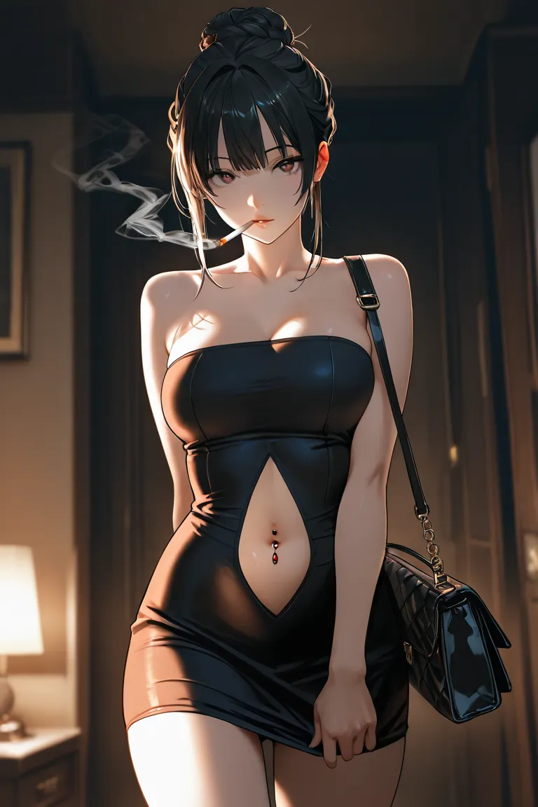 beautiful girl, bun hairstyle, bedroom eyes, dark black hair, attractive, top quality, masterpiece, cinematic shot, dark ambience, dynamic pose, mysterious, wearing tube dress, smoking a cigarette, has shoulder bag, belly piercing, detailed hands