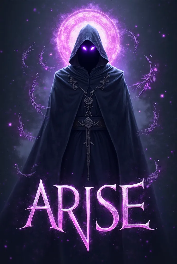 A powerful and dark-themed emblem for the guild 'Arise,' inspired by the Shadow Monarch’s energy. The design features a mysterious figure in a black cloak with glowing purple-blue eyes, surrounded by swirling shadows and dark flames. The figure stands with...