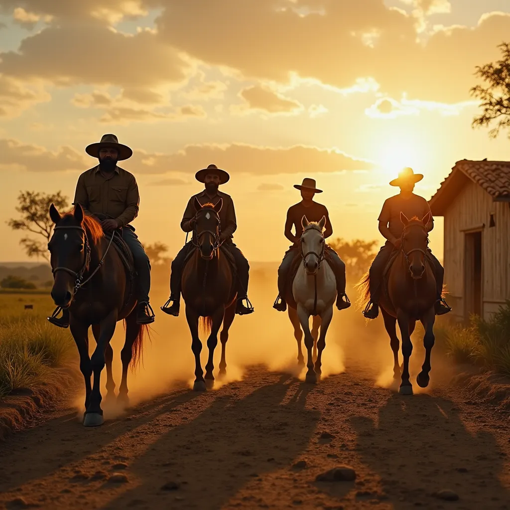 in a medium plane, four men on horseback — Francisco (um Black Man e pai), Adam (Black Man), Klaus and Guinter — return to their house, a humble farm in Brazil from ancient times. Their silhouettes cut across the horizon as they go on a tired trot, the dus...