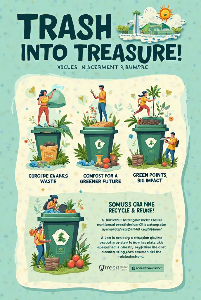 Create a vibrant advocacy poster for a waste management campaign titled ‘Trash to Treasure.’ The design should focus on promoting waste segregation, composting, and recycling. Illustrate key visuals like:
	•	Color-coded trash bins labeled biodegradable, no...