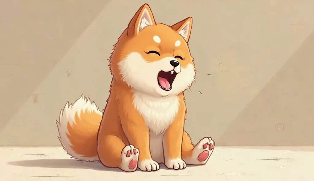 "The tiny Shiba Inu sits on the floor, yawning with its mouth wide open. Its fluffy tail twitches as it stretches its tiny paws."