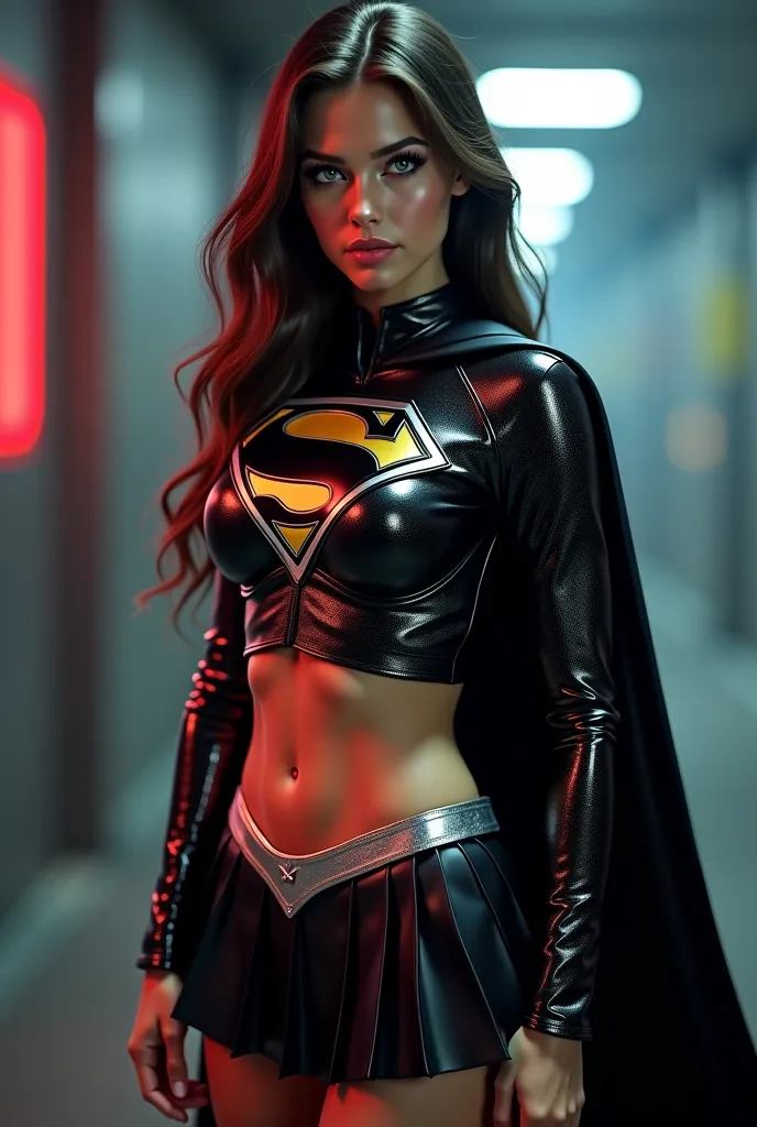 WEARING A TIGHT BLACK AND SILVER GLOSSY LATEX CROP TOP SUPERGIRL COSTUME WITH A SILVER 'S' EMBLEM ON THE CHEST, A BLACK LATEX PLEATED SKIRT AND A FLOWING BLACK SPANDEX CAPE. A CUTE AND SHY  FEMALE WITH BLACK HAIR, ABSURDLY LARGE , HIGHLY DETAILED GREY EYES...