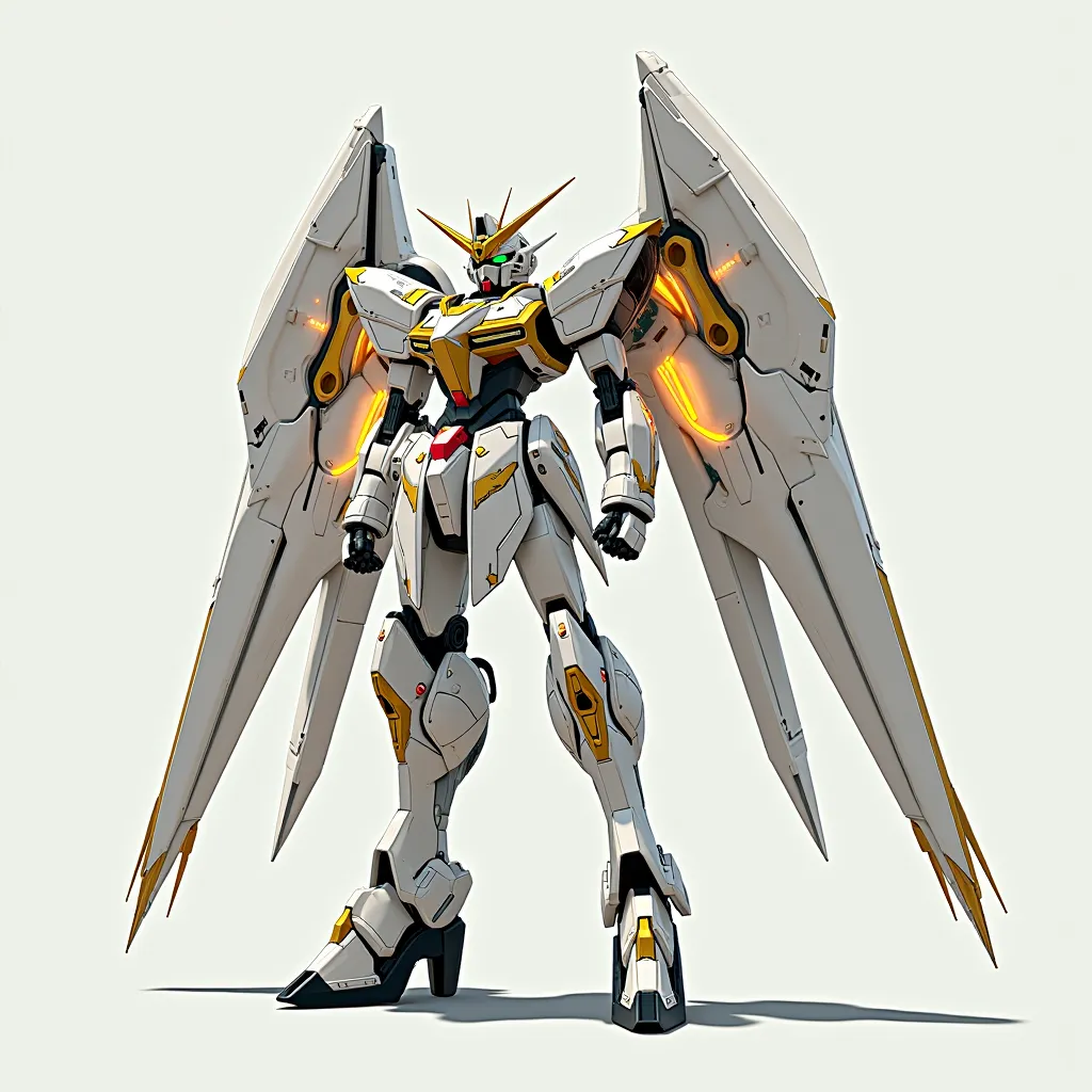 Hi-ν Gundam,A mobile weapon with 12 mechanical wing-shaped wings,Enormous white wings larger than the body,A model of a stylish Arafed robot standing with a stylish white and gold gunblade,Gundam wing style armor,Deployment type wings of mechanical,alexand...