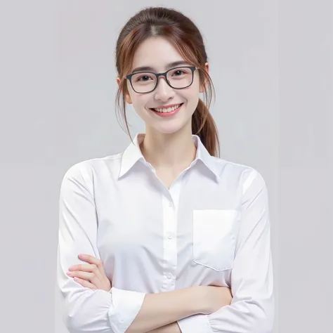 A caucasian woman , 23 years old, with brown hair in a ponytail , wearing glasses and a white shirt , smiling with her arms crossed in a transparent background