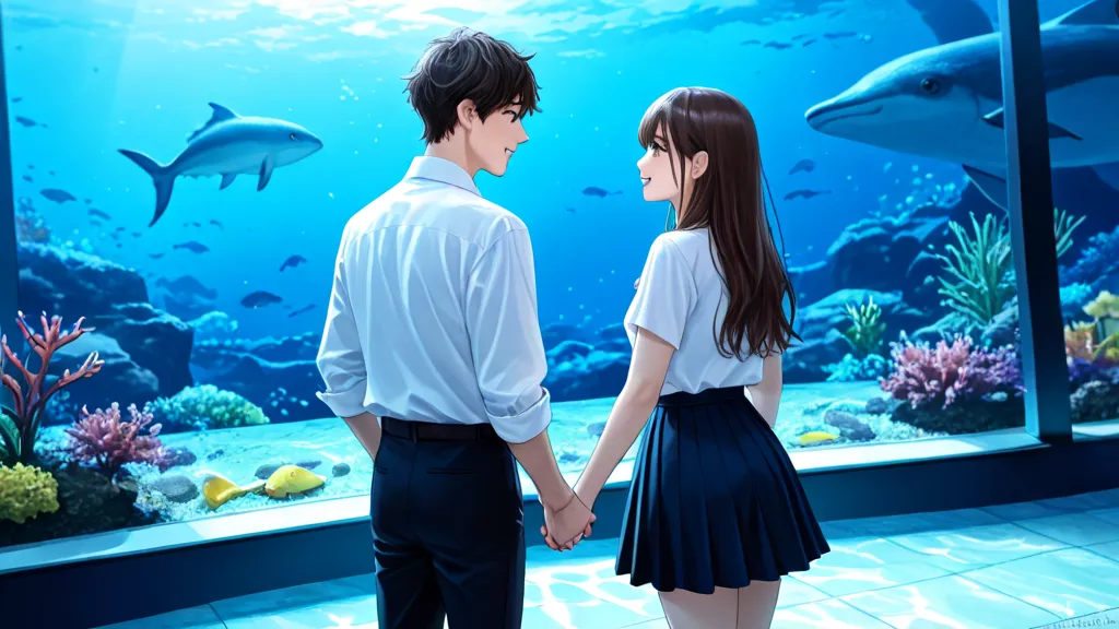 An 18-year-old boy and girl are dating at an aquarium、The girl is wearing a skirt、 girls have shortcuts 、holding hands、the focus is on and details are also drawn