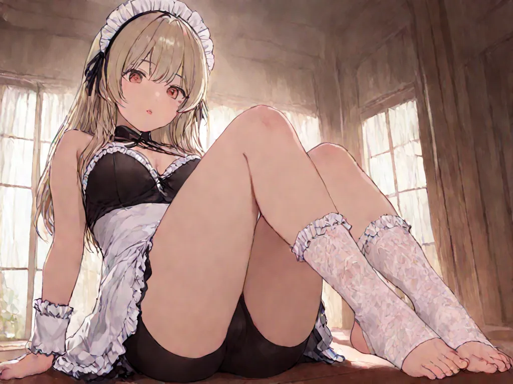 1 girl who died、Maid、sitting、frill socks、from below、 Ashikiri、is embarrassing、bike shorts、Puffy Lips、toeless legwear、Cross Lace Legwear、masterpiece、top quality、uncorrected