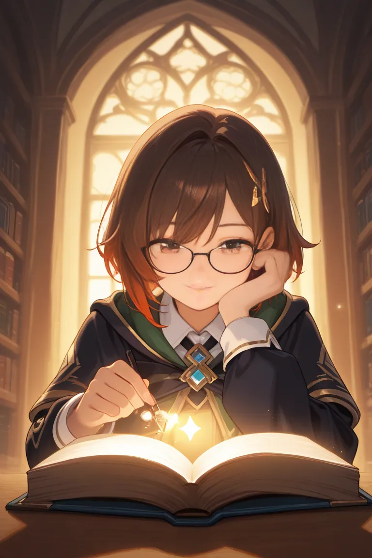 (A Forbidden Book:1.1), A girl wearing glasses picking up a forbidden vintage book and holding a vintage forbidden book., A dazzling light is emitted from the book, Place her in a cozy library with warm, creating an atmosphere of intellectual curiosity., e...