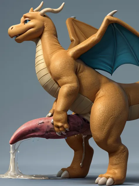 feral Dragonite, ((((hyper erected double tapering penis slit, dirty penis, excessive precum, standing, hands on crotch, side view, feral)))), spread legs, blue blank background